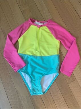 Cat & Jack Pink, Yellow & Teal One-Piece Long Sleeve Color Block Bathing Suit